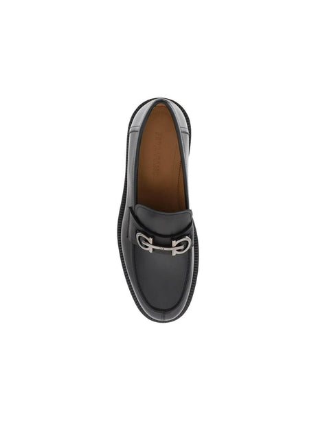 Black Gancini Leather Loafers (Triple Wide) FERRAGAMO JOHN JULIA.