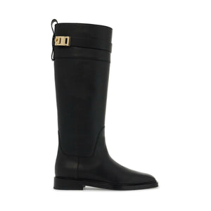 Hug Buckle Knee-High Leather Boots.