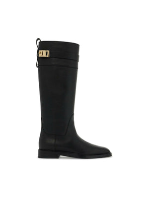 Hug Buckle Knee-High Leather Boots.