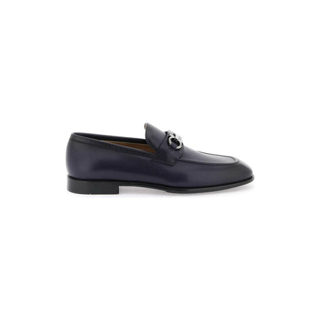 Midnight Blue Foster Gancini Grained Leather Lofers FERRAGAMO JOHN JULIA.