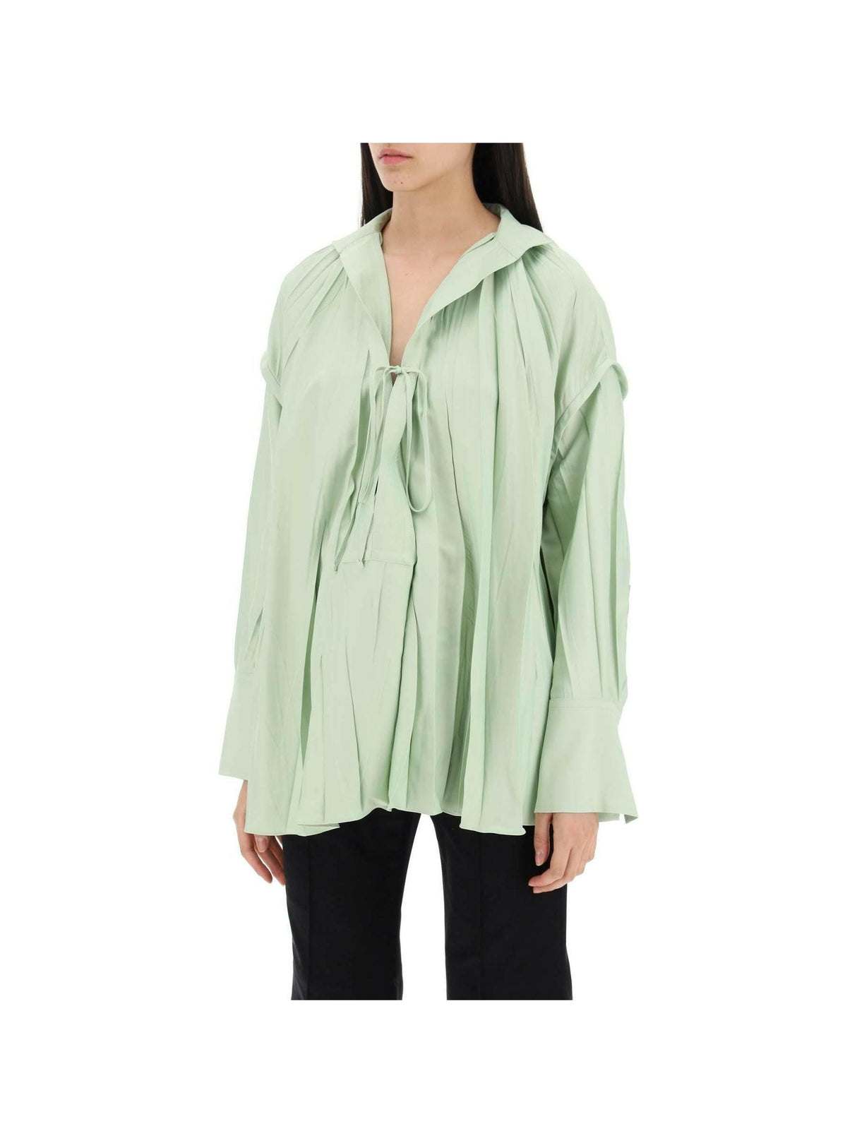 Sage Green Heavy Satin Caftan Style Blouse With Adjustable Laces FERRAGAMO JOHN JULIA.