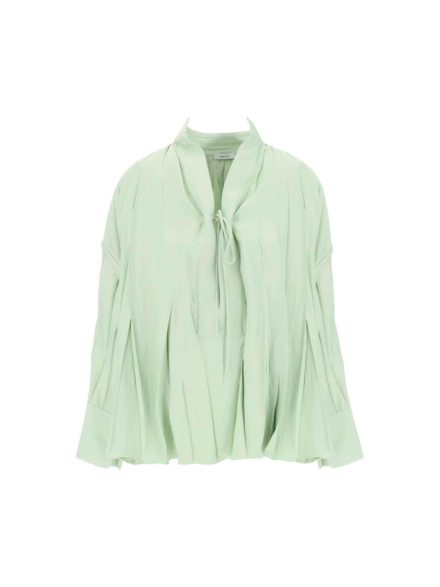 Sage Green Heavy Satin Caftan Style Blouse With Adjustable Laces FERRAGAMO JOHN JULIA.