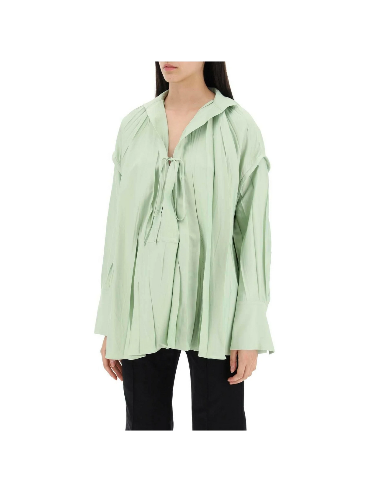 Sage Green Heavy Satin Caftan Style Blouse With Adjustable Laces FERRAGAMO JOHN JULIA.