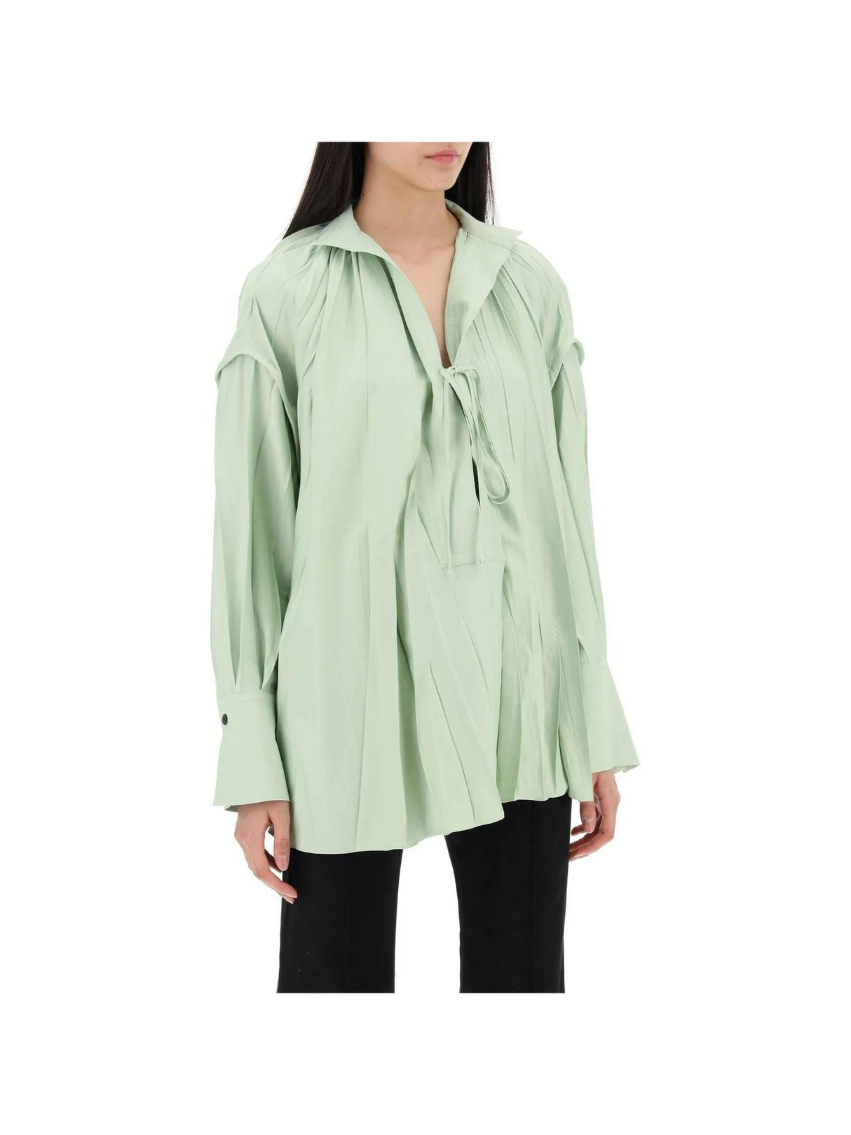 Sage Green Heavy Satin Caftan Style Blouse With Adjustable Laces FERRAGAMO JOHN JULIA.