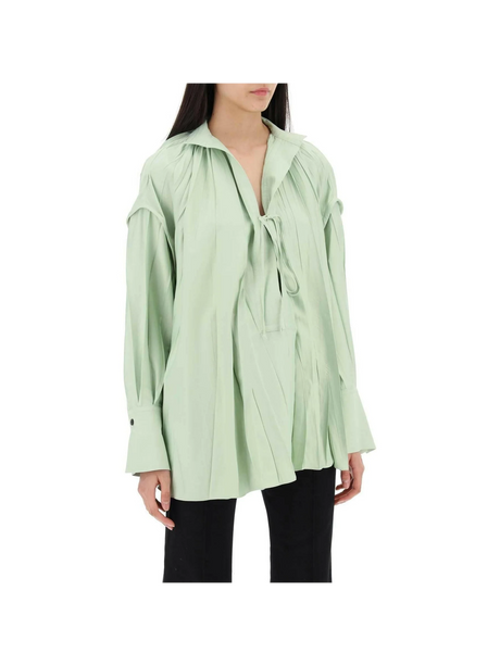 Sage Green Heavy Satin Caftan Style Blouse With Adjustable Laces FERRAGAMO JOHN JULIA.