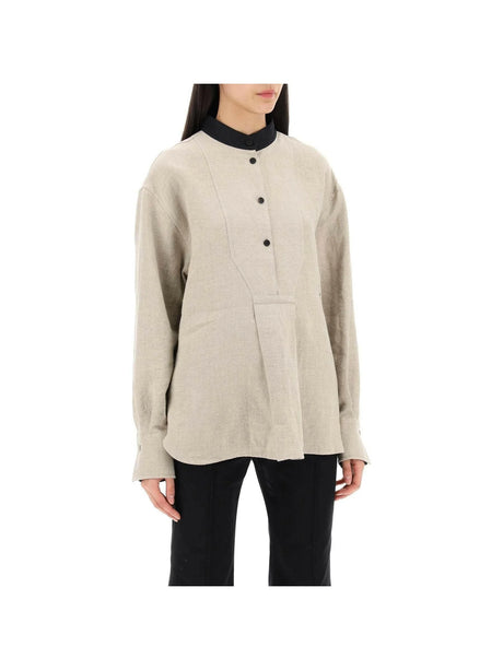 Sand Linen Tunic Shirt With Contrasting Mandarin Collar FERRAGAMO JOHN JULIA.