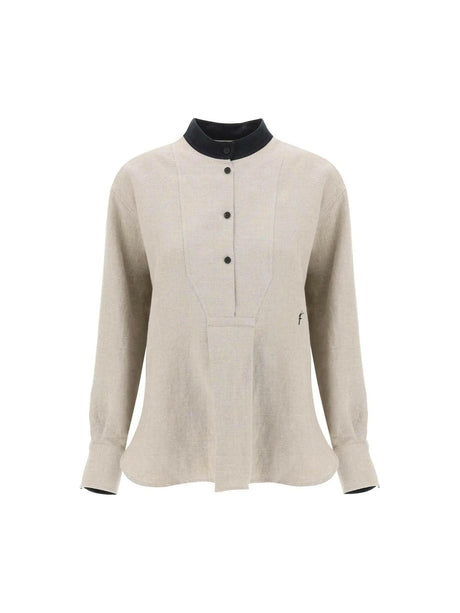 Sand Linen Tunic Shirt With Contrasting Mandarin Collar FERRAGAMO JOHN JULIA.