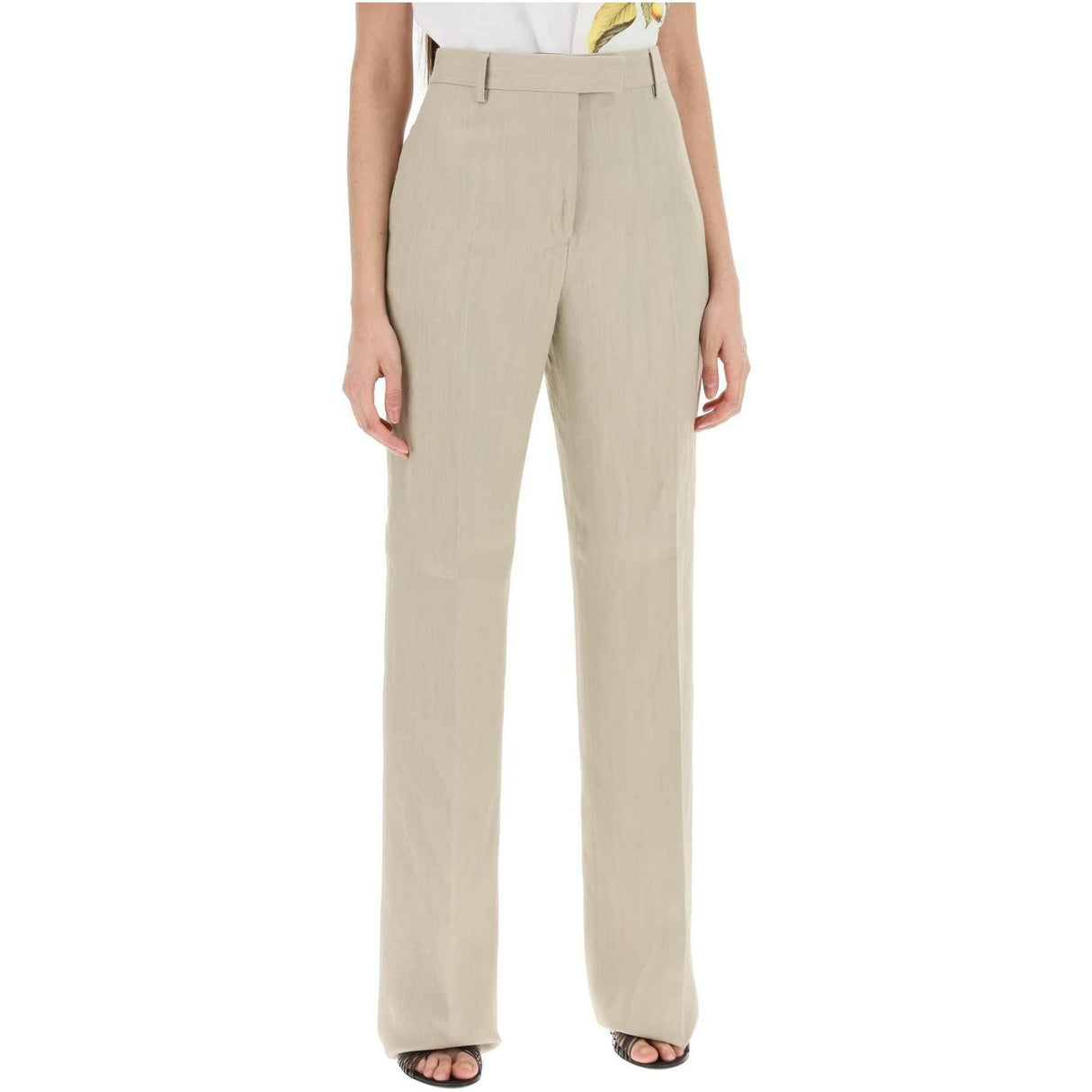 Stone Beige Tailored Straight-Leg Linen-Blend Trousers FERRAGAMO JOHN JULIA.