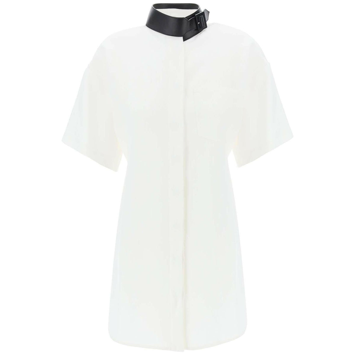 White Contrasting Black Leather Collar Linen-Blend Shirt Dress FERRAGAMO JOHN JULIA.