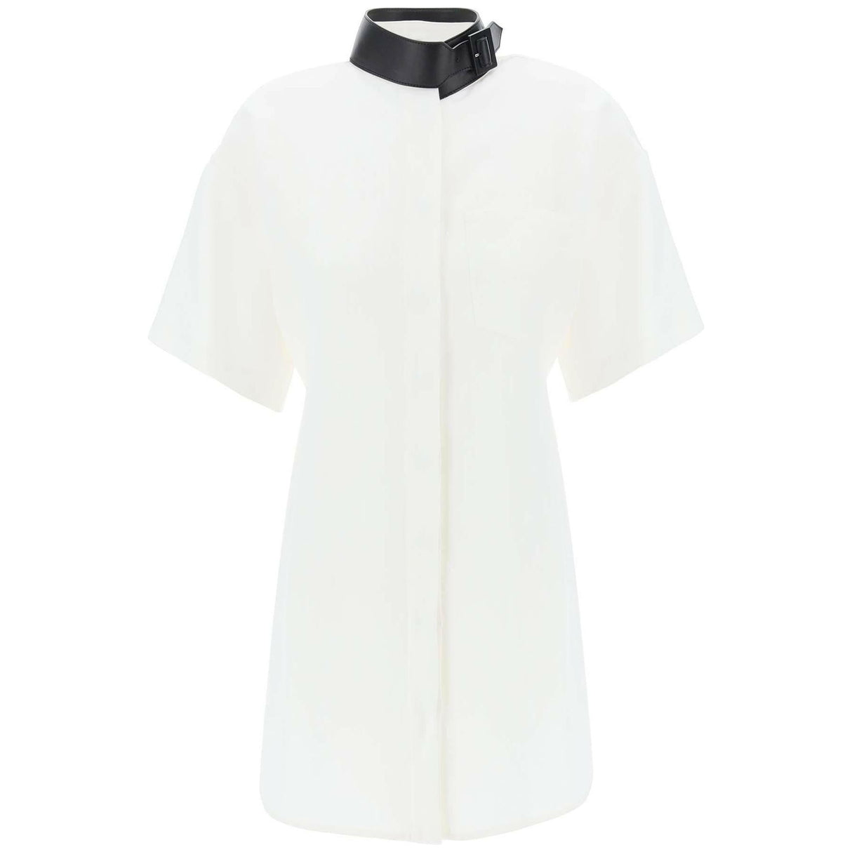 White Contrasting Black Leather Collar Linen-Blend Shirt Dress FERRAGAMO JOHN JULIA.