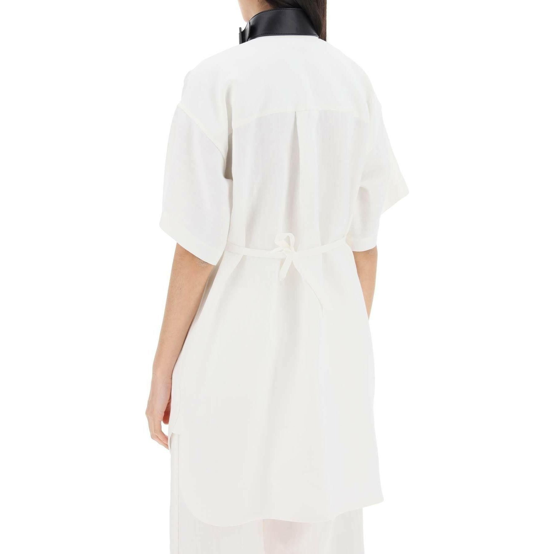 White Contrasting Black Leather Collar Linen-Blend Shirt Dress FERRAGAMO JOHN JULIA.