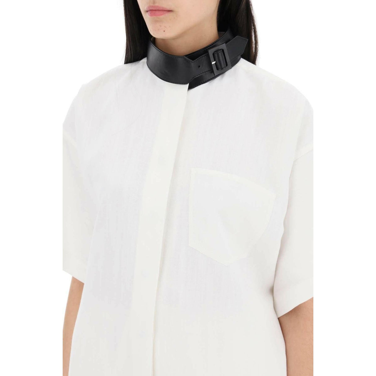 White Contrasting Black Leather Collar Linen-Blend Shirt Dress FERRAGAMO JOHN JULIA.