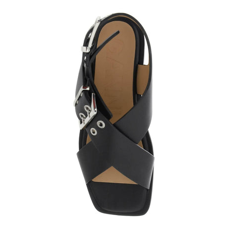 Black Feminine Buckle Recycled Leather Sandals GANNI JOHN JULIA.