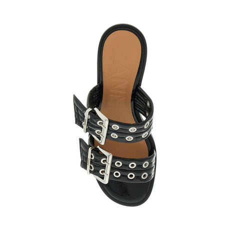 Feminine Buckle Heeled Mule Sandals.