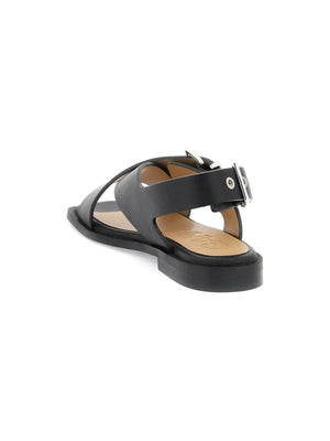 Black Feminine Buckle Recycled Leather Sandals GANNI JOHN JULIA.