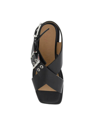 Black Feminine Buckle Recycled Leather Sandals GANNI JOHN JULIA.