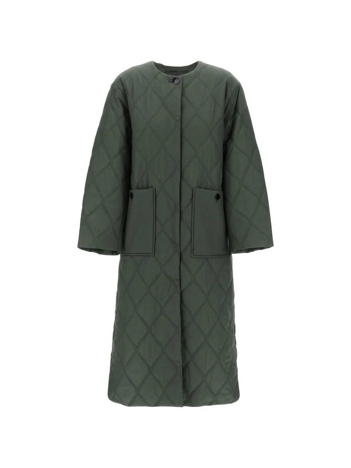 Kombu Green Quilt Recycled Nylon Long Coat GANNI JOHN JULIA.