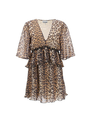 Leopard Pleated Georgette Mini Dress