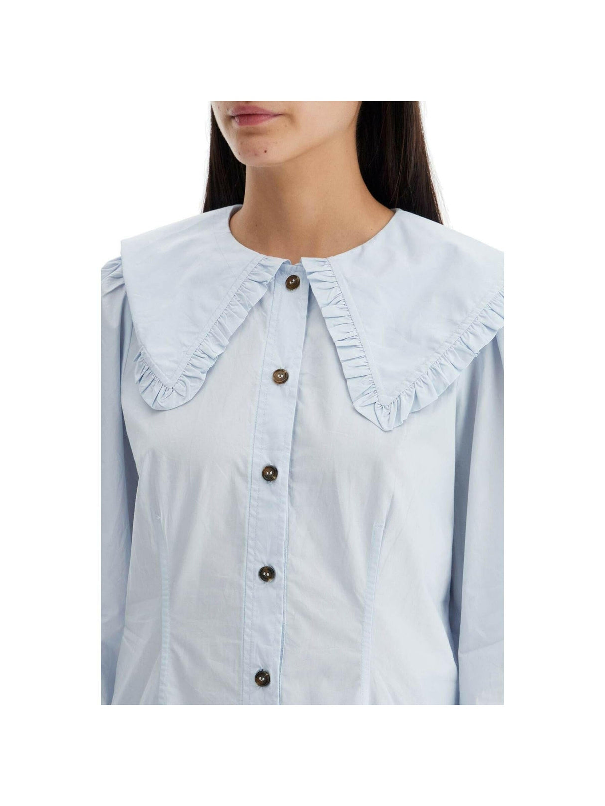 Organic Cotton Poplin V-Neck Ruffle Blouse.