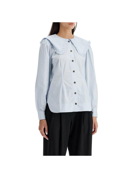 Organic Cotton Poplin V-Neck Ruffle Blouse.