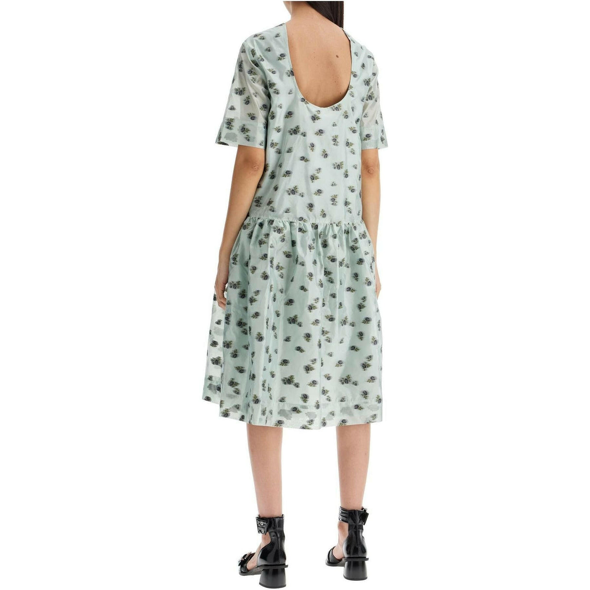 Recycled Floral Printed Organza Jacquard Open-Back Midi Dress.