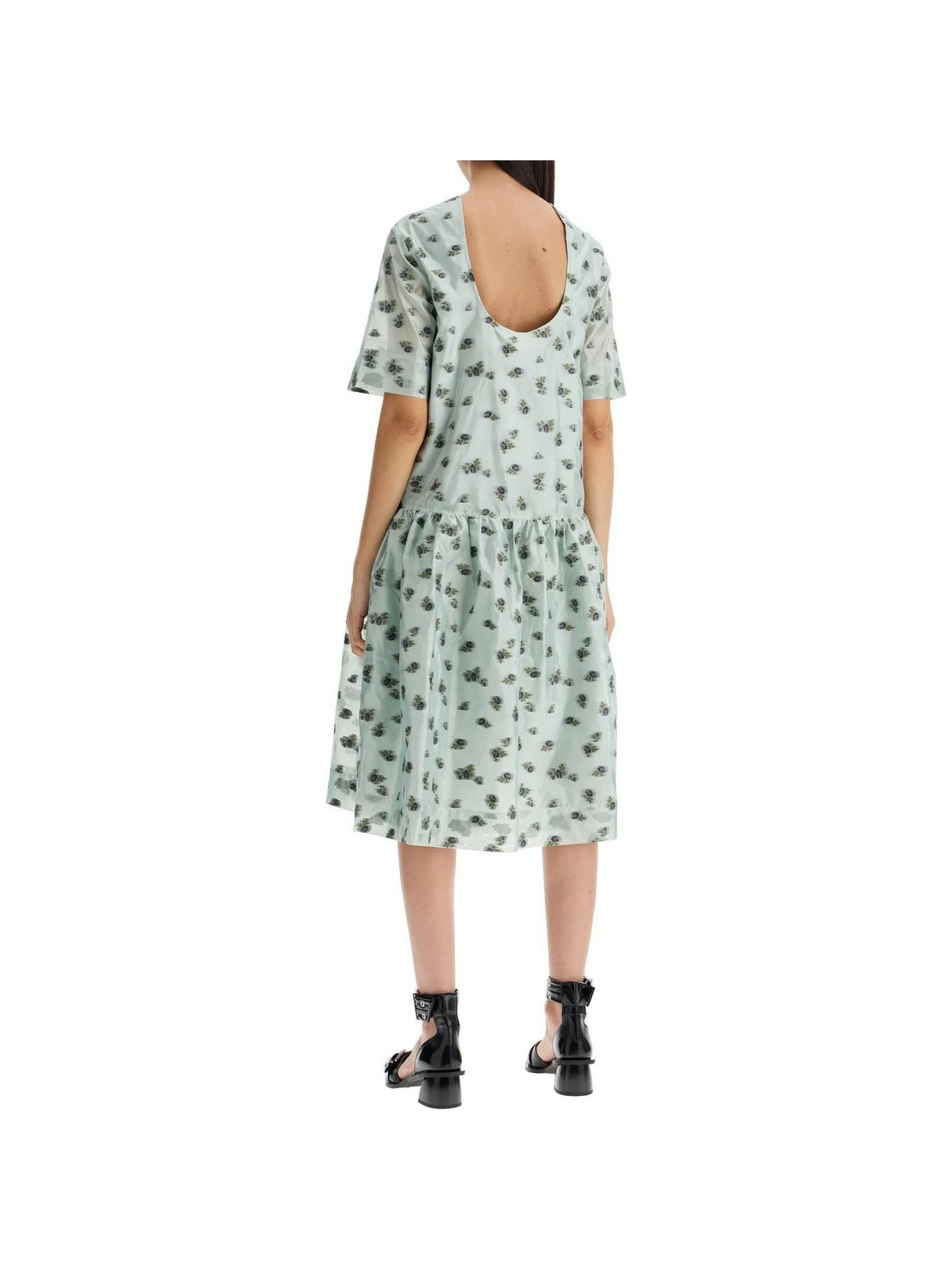 Recycled Floral Printed Organza Jacquard Open-Back Midi Dress.