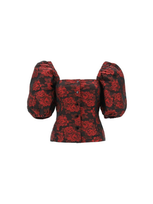 Recycled Black & Red Botanical Jacquard Blouse GANNI JOHN JULIA.