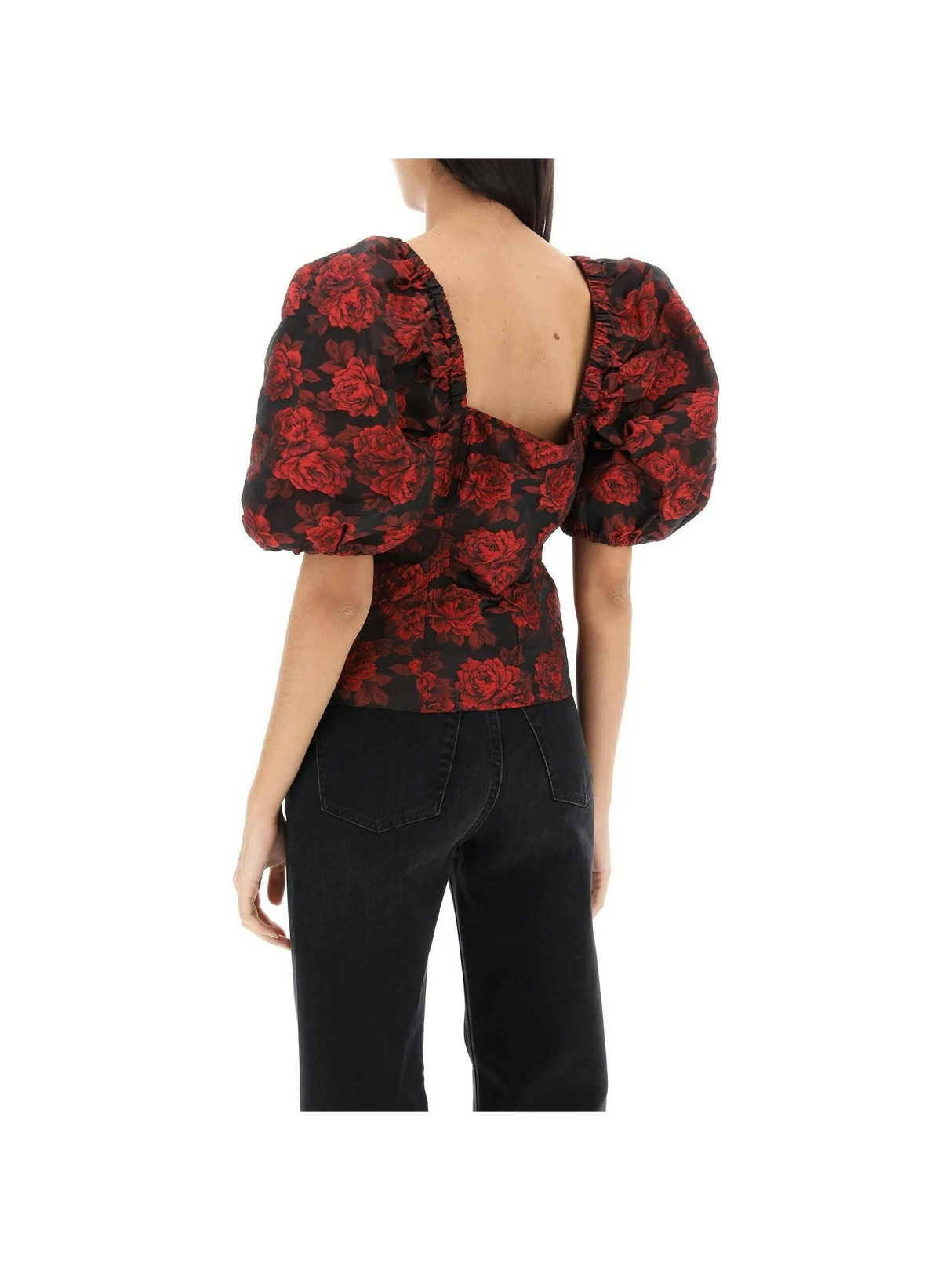 Recycled Black & Red Botanical Jacquard Blouse GANNI JOHN JULIA.