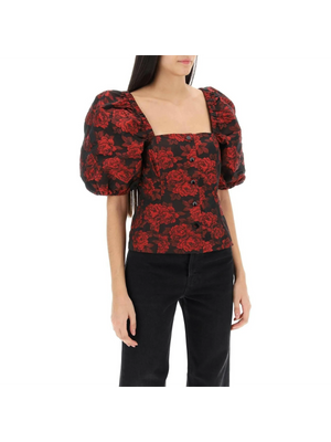 Recycled Black & Red Botanical Jacquard Blouse GANNI JOHN JULIA.