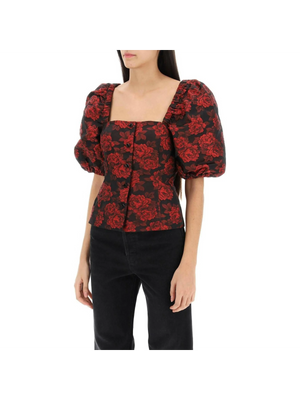 Recycled Black & Red Botanical Jacquard Blouse GANNI JOHN JULIA.