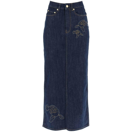 Rinse Blue Denim Rose Organic Cotton Denim Maxi Skirt GANNI JOHN JULIA.