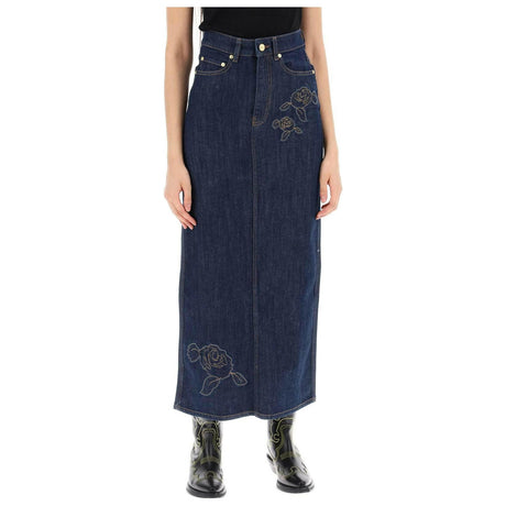 Rinse Blue Denim Rose Organic Cotton Denim Maxi Skirt GANNI JOHN JULIA.