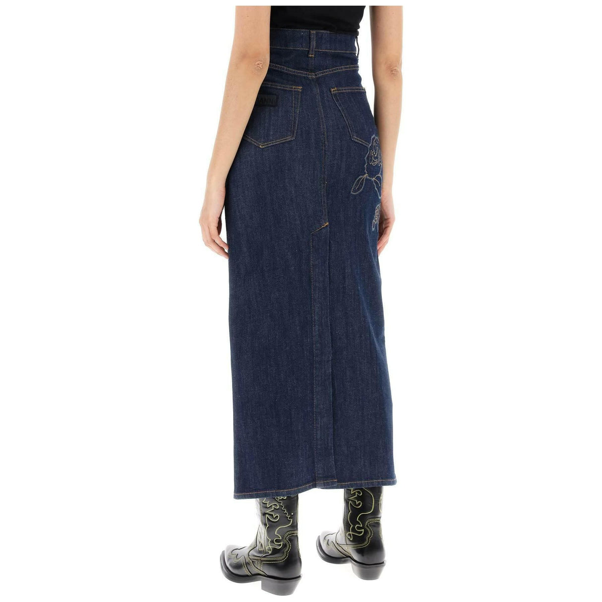 Rinse Blue Denim Rose Organic Cotton Denim Maxi Skirt GANNI JOHN JULIA.