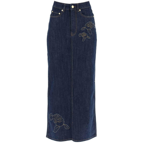 Rinse Blue Denim Rose Organic Cotton Denim Maxi Skirt GANNI JOHN JULIA.