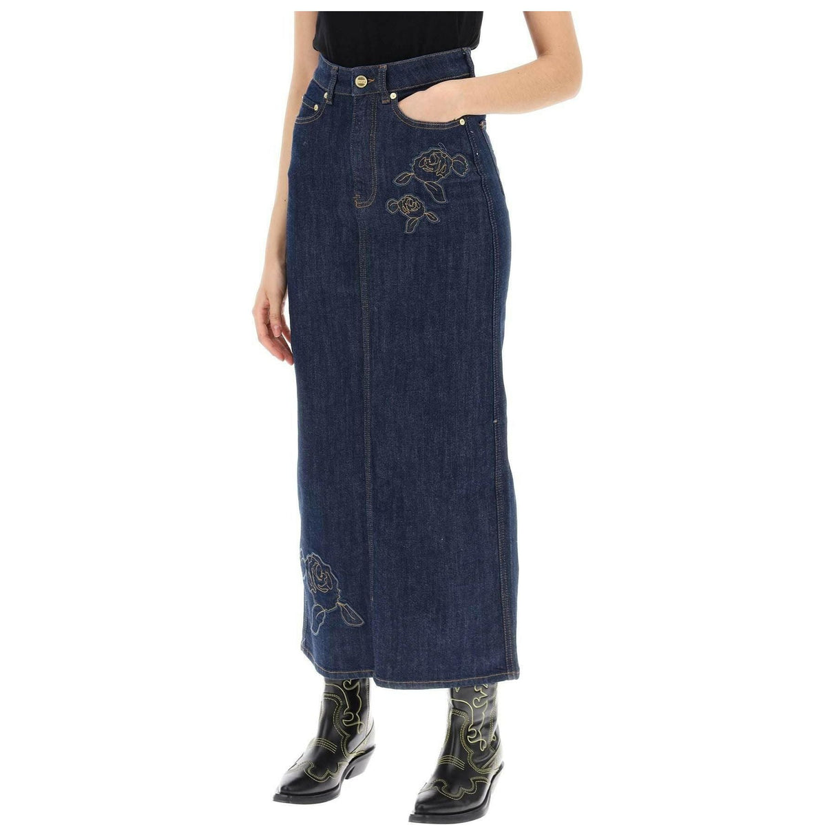 Rinse Blue Denim Rose Organic Cotton Denim Maxi Skirt GANNI JOHN JULIA.