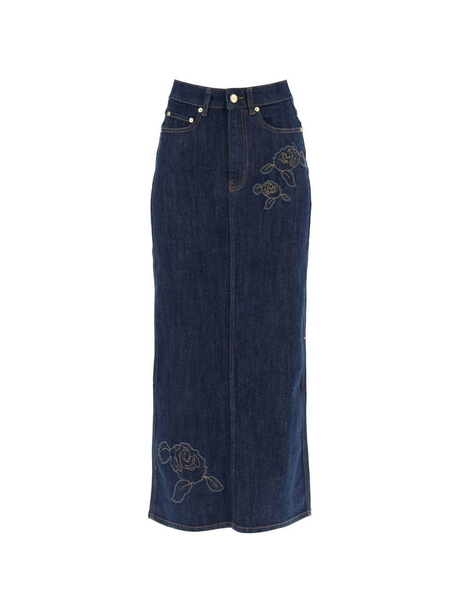 Rinse Blue Denim Rose Organic Cotton Denim Maxi Skirt GANNI JOHN JULIA.