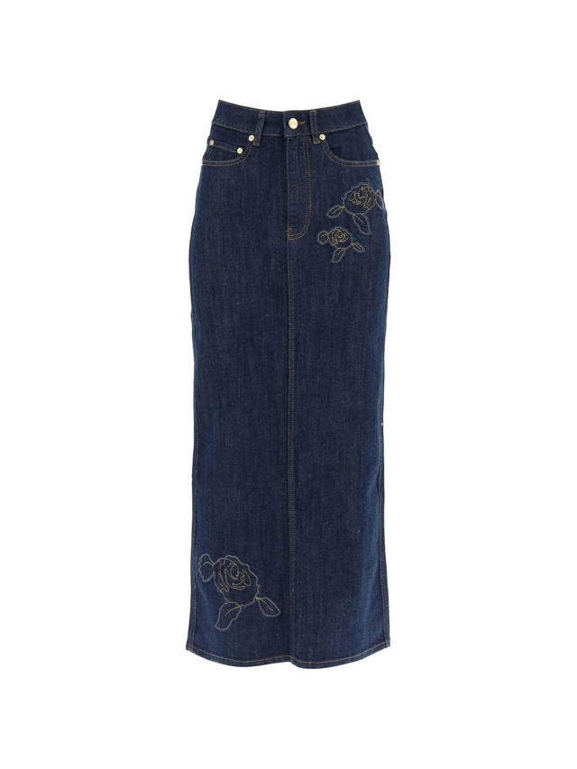 Rinse Blue Denim Rose Organic Cotton Denim Maxi Skirt GANNI JOHN JULIA.