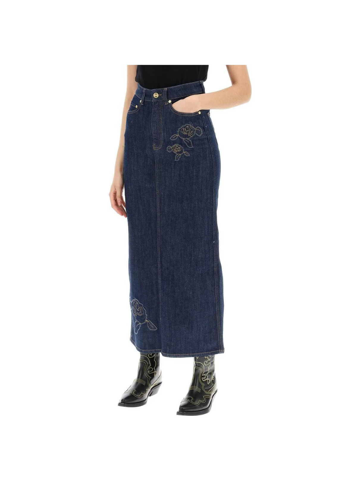 Rinse Blue Denim Rose Organic Cotton Denim Maxi Skirt GANNI JOHN JULIA.