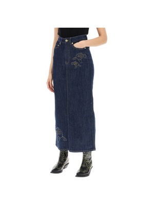 Rinse Blue Denim Rose Organic Cotton Denim Maxi Skirt GANNI JOHN JULIA.