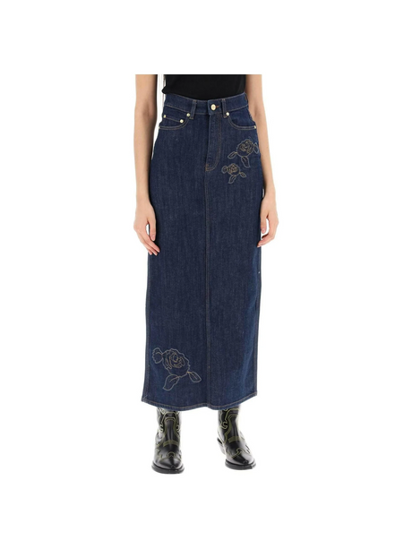 Rinse Blue Denim Rose Organic Cotton Denim Maxi Skirt GANNI JOHN JULIA.