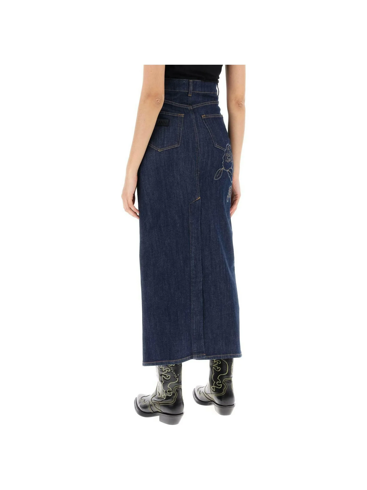 Rinse Blue Denim Rose Organic Cotton Denim Maxi Skirt GANNI JOHN JULIA.