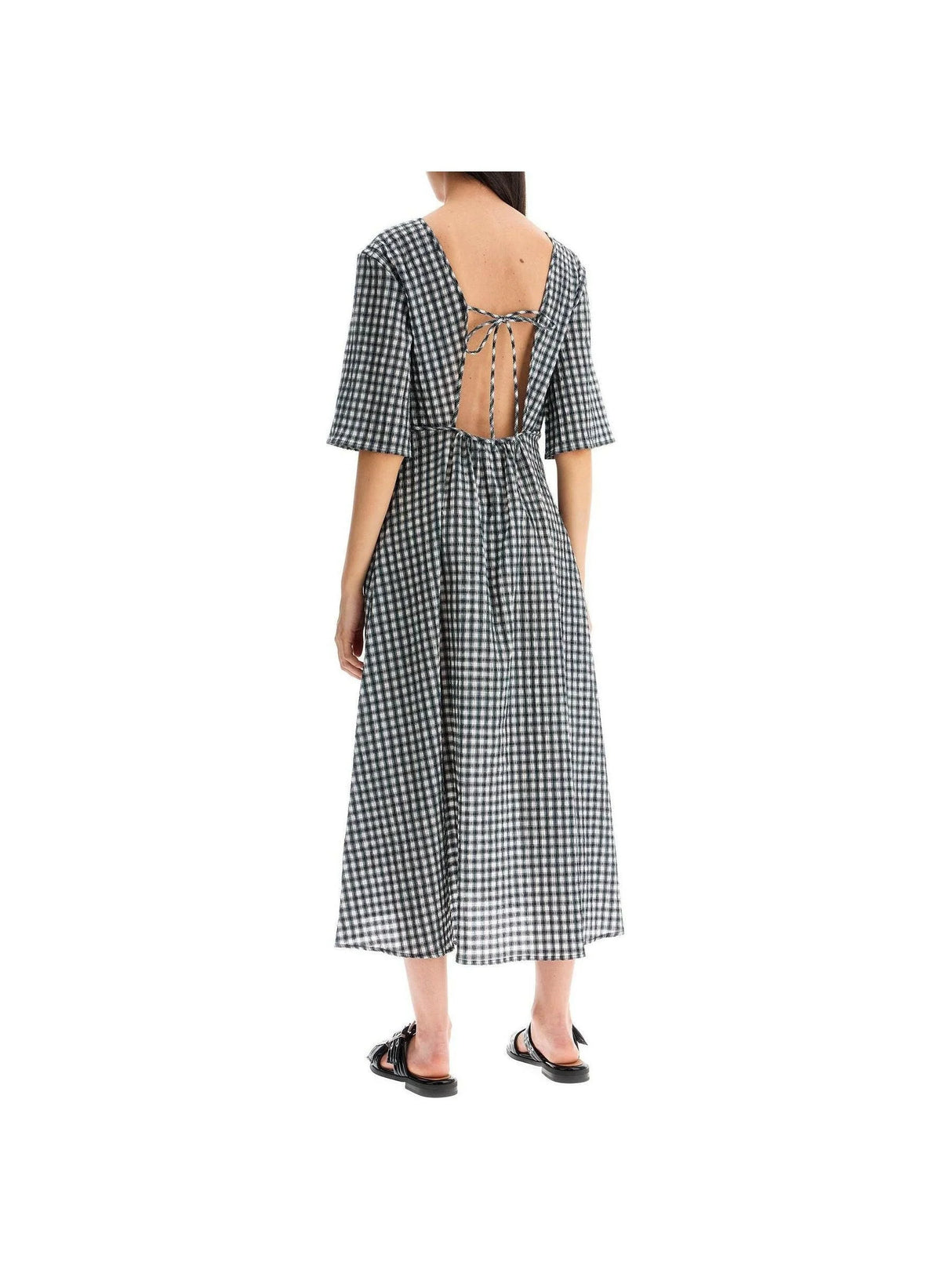 GANNI-Seersucker Check V-Neck Dress-JOHN JULIA