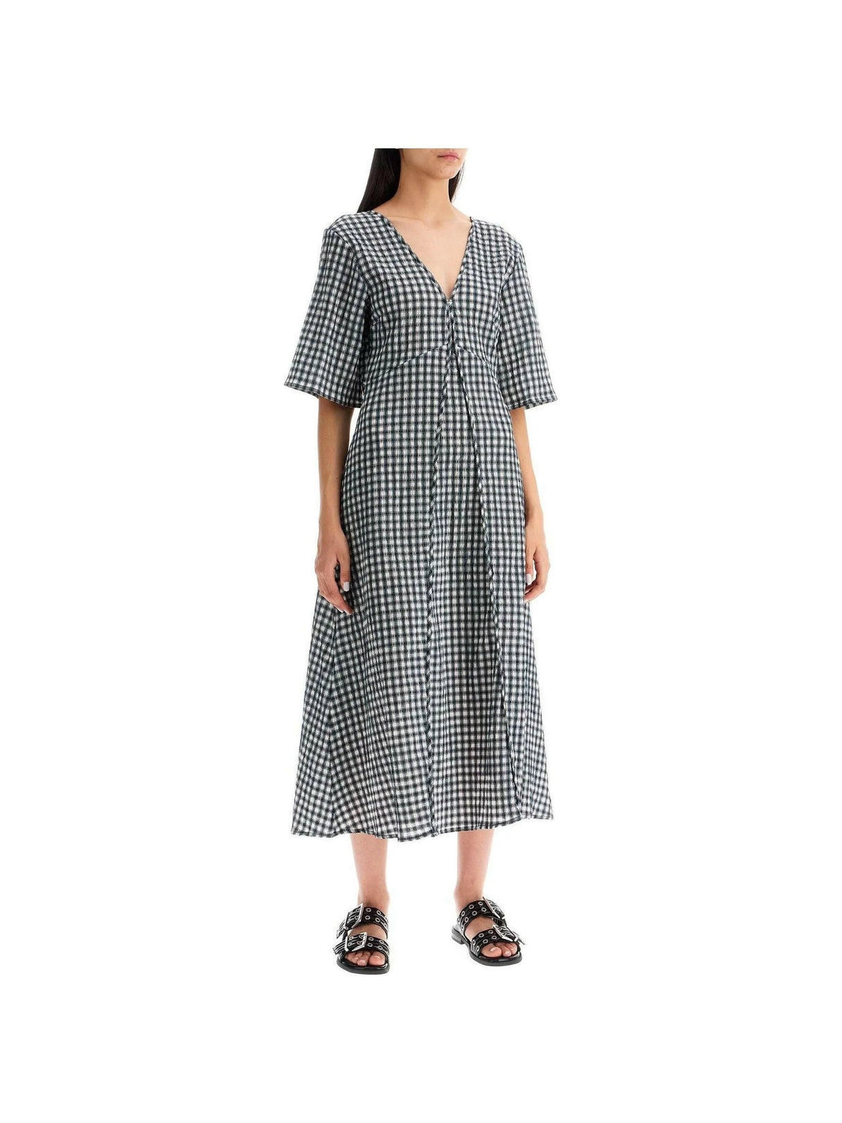 GANNI-Seersucker Check V-Neck Dress-JOHN JULIA