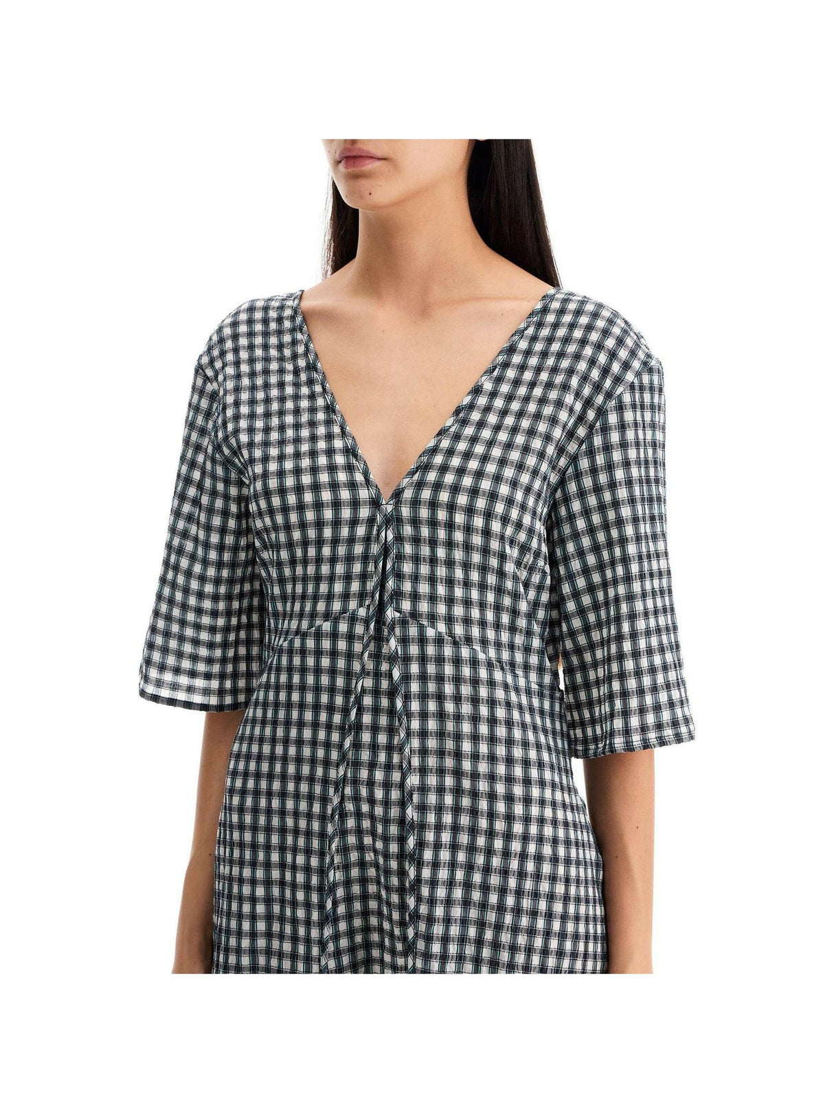 GANNI-Seersucker Check V-Neck Dress-JOHN JULIA