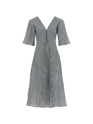 GANNI-Seersucker Check V-Neck Dress-JOHN JULIA