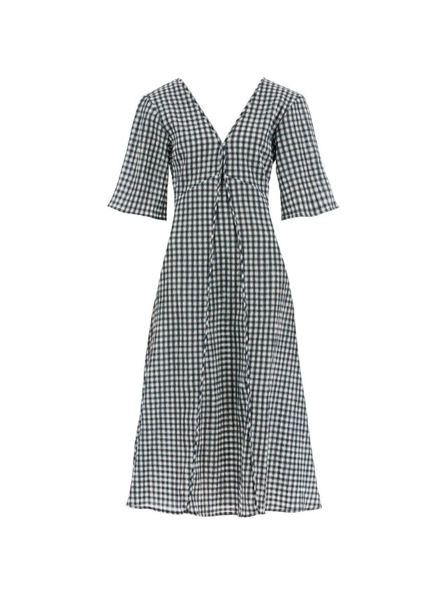 GANNI-Seersucker Check V-Neck Dress-JOHN JULIA