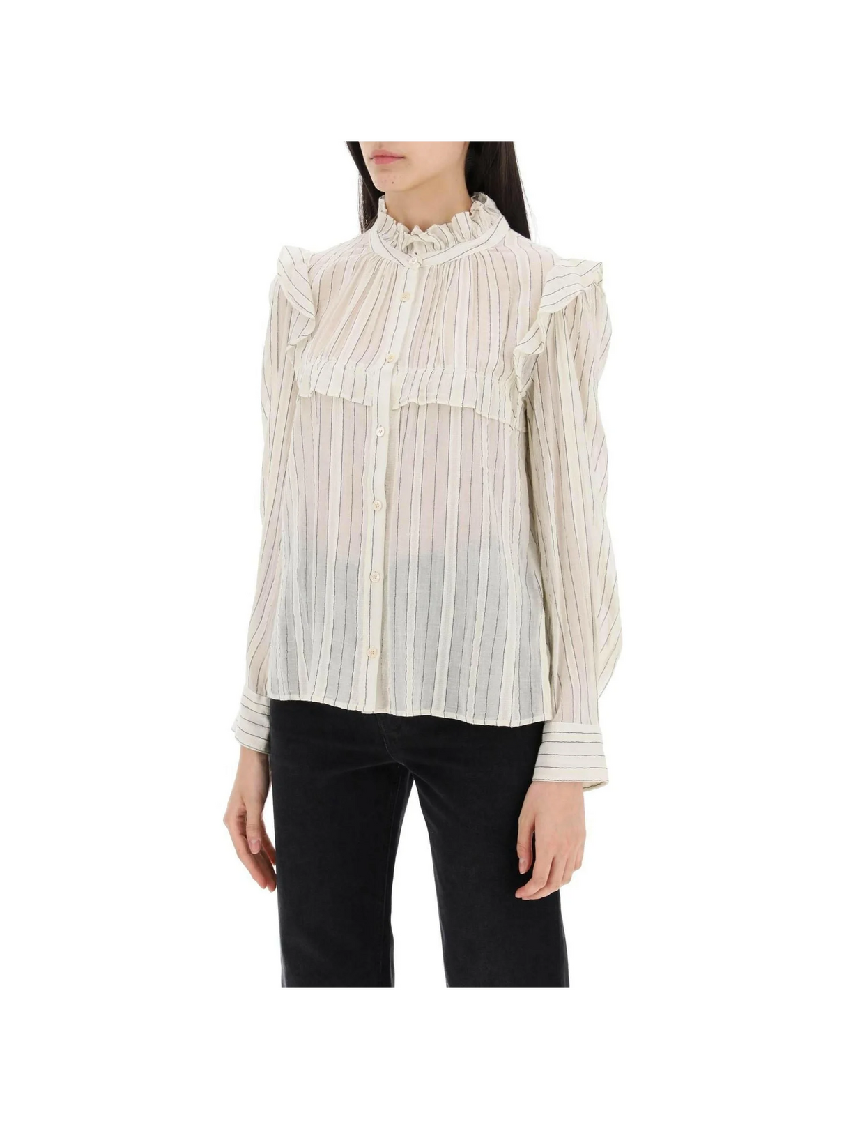 Ecru Idety Striped Ruffle Cotton Blouse MARANT ETOILE JOHN JULIA.