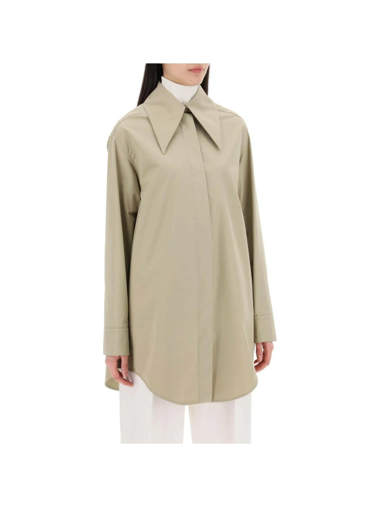 JIL SANDER-Kakhi Green Wide Point Collar Organic Cotton Shirt-JOHN JULIA