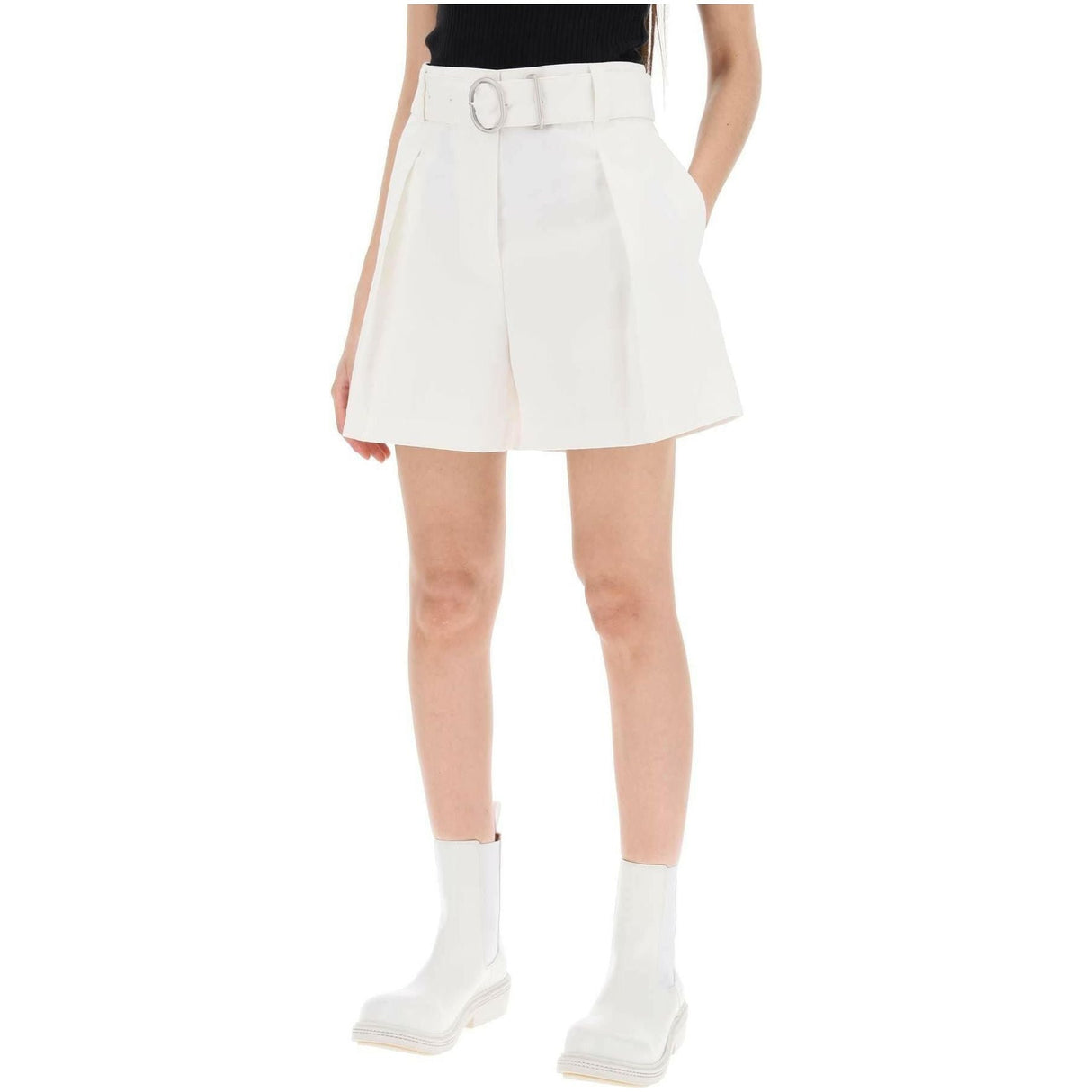 Optic White Belted Cotton Canvas Tailored Shorts JIL SANDER JOHN JULIA.