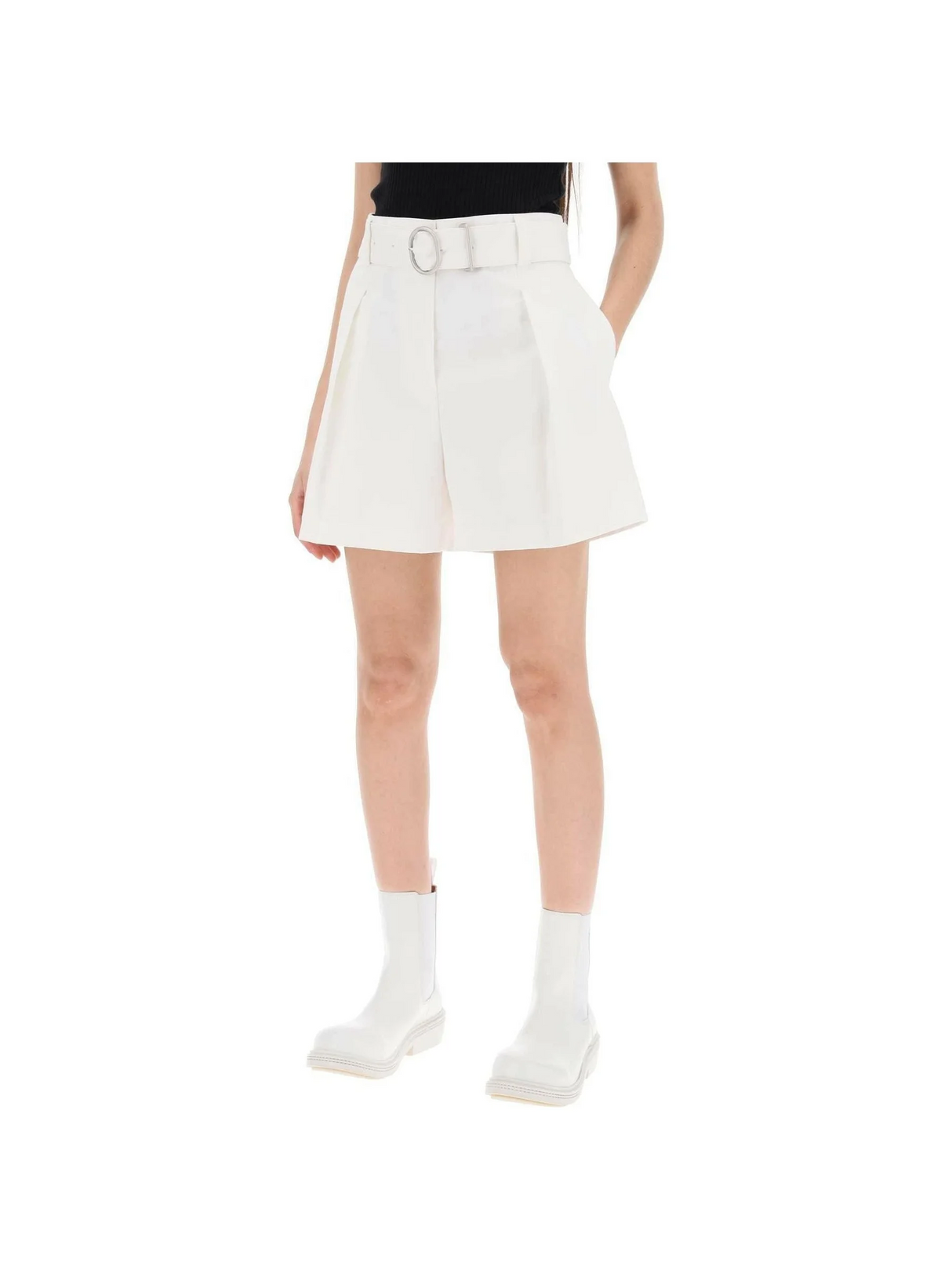 Optic White Belted Cotton Canvas Tailored Shorts JIL SANDER JOHN JULIA.